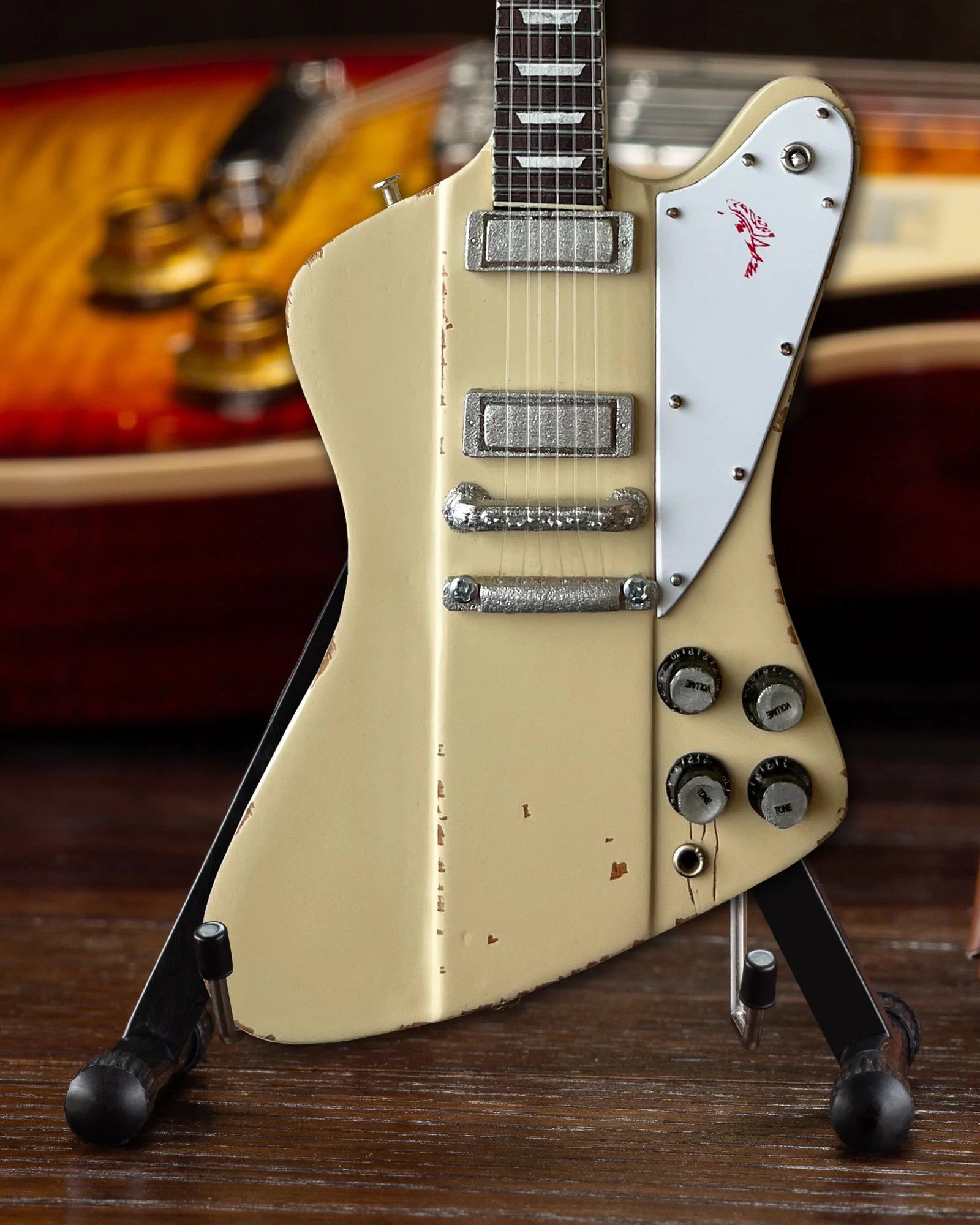 Johnny Winter 1964 Gibson Firebird V Polaris White 1.4 Scale Mini Guitar - Vintage & Distressed - Image 4