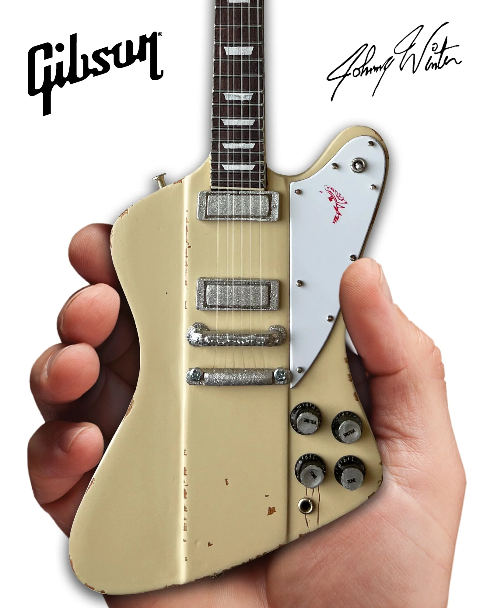 Johnny Winter 1964 Gibson Firebird V Polaris White 1.4 Scale Mini Guitar - Vintage & Distressed - Image 5